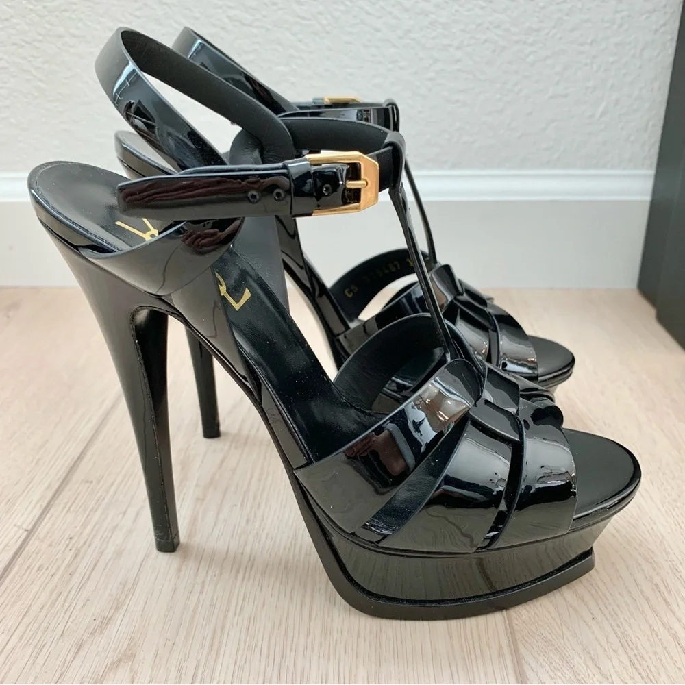 🌟 YSL Black Patent Leather Tribute 105 Platform Heeled Sandals High Heels 37 - Picture 3 of 12